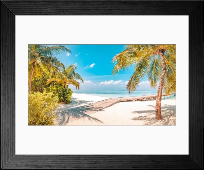 Framed Print : Vintage beach landscape, palm tree over white sand and wooden jetty into amazing sea. Luxury travel, summer holiday vacation banner. Exotic beach Framed Print : Vintage beach landscape, palm tree over white sand and wooden jetty into amazing sea. Luxury travel, summer holiday vacation banner. Exotic beach