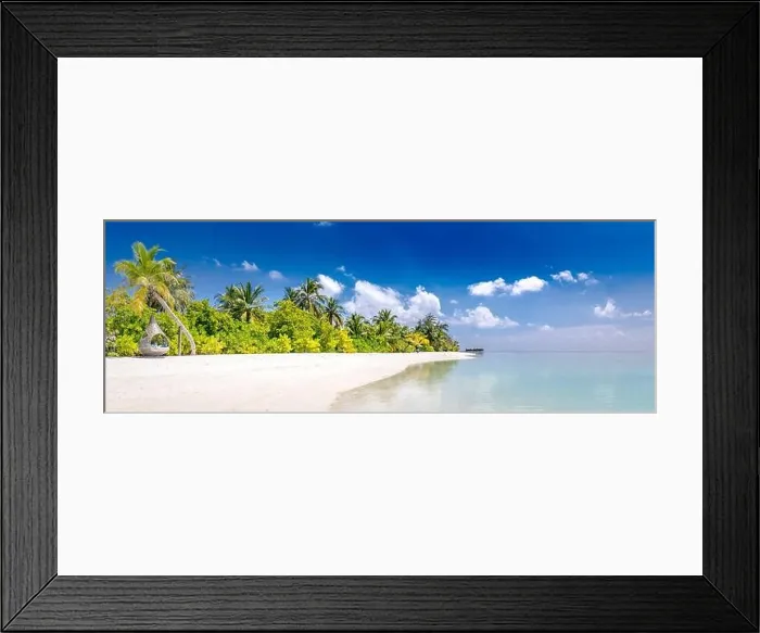 Framed Print : Amazing summer beach panorama. Exotic island coastline with palm trees and white sand close to amazing blue sea and lagoon. Tropical paradise beach Framed Print : Amazing summer beach panorama. Exotic island coastline with palm trees and white sand close to amazing blue sea and lagoon. Tropical paradise beach