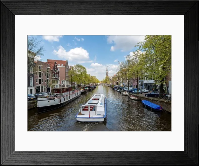 Framed Print : Amsterdam canal cruise ship with Netherlands traditional house in Amsterdam, Netherlands Framed Print : Amsterdam canal cruise ship with Netherlands traditional house in Amsterdam, Netherlands