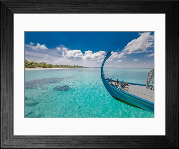 Framed Print : Inspirational Maldives beach design. Maldives traditional boat Dhoni and perfect blue sea with lagoon. Luxury tropical paradise. Summer vacation Framed Print : Inspirational Maldives beach design. Maldives traditional boat Dhoni and perfect blue sea with lagoon. Luxury tropical paradise. Summer vacation