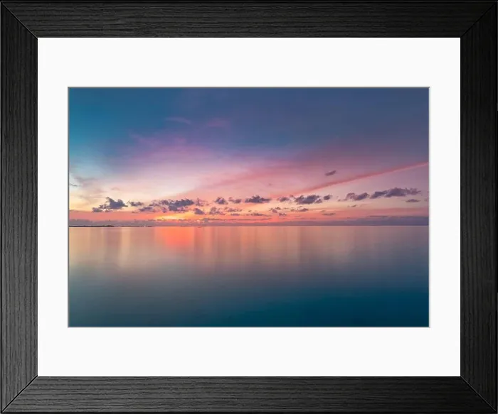 Framed Print : Calm sea with sunset sky and sun through the clouds over. Meditation ocean and sky background. Tranquil seascape. Horizon over the water Framed Print : Calm sea with sunset sky and sun through the clouds over. Meditation ocean and sky background. Tranquil seascape. Horizon over the water