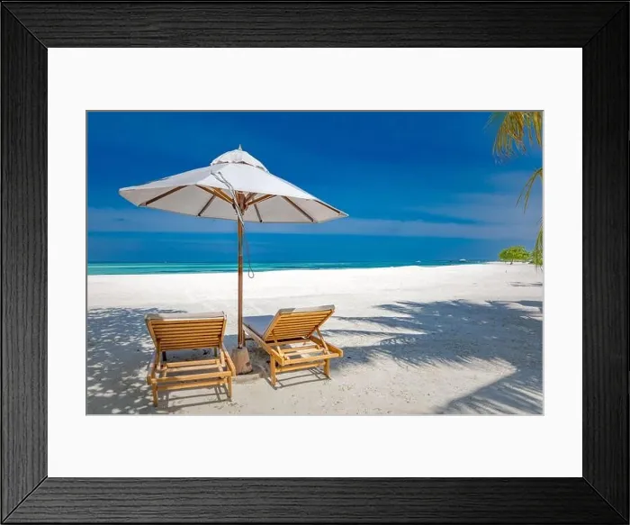 Framed Print : Beach chairs with umbrella over white sand and sea view. Tropical travel, vacation summer holiday. Exotic nature beach landscape Framed Print : Beach chairs with umbrella over white sand and sea view. Tropical travel, vacation summer holiday. Exotic nature beach landscape