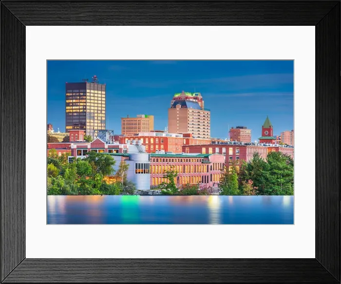 Framed Print : Manchester, New Hampshire, USA Skyline on the Merrimack River at dusk Framed Print : Manchester, New Hampshire, USA Skyline on the Merrimack River at dusk
