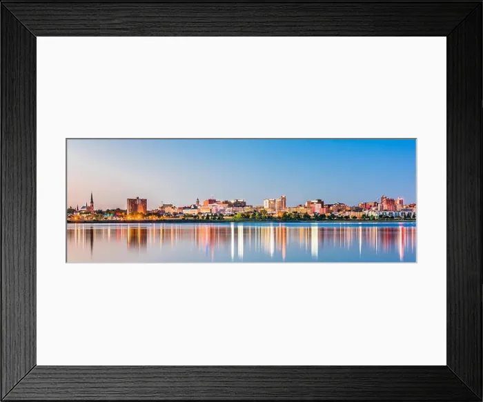 Framed Print : Portland, Maine, USA downtown skyline from Back Cove at dawn Framed Print : Portland, Maine, USA downtown skyline from Back Cove at dawn