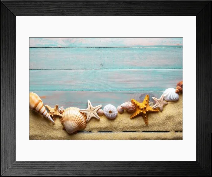 Framed Print : Vacations and summer time concept with starfish and sea shells on a turquoise wooden table with sand Framed Print : Vacations and summer time concept with starfish and sea shells on a turquoise wooden table with sand