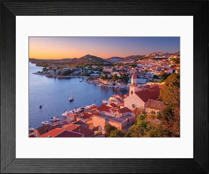 Framed Print : Sibenik, Croatia. Aerial cityscape image of beautiful coastal Sibenik, Dalmatia, Croatia at summer sunset Framed Print : Sibenik, Croatia. Aerial cityscape image of beautiful coastal Sibenik, Dalmatia, Croatia at summer sunset