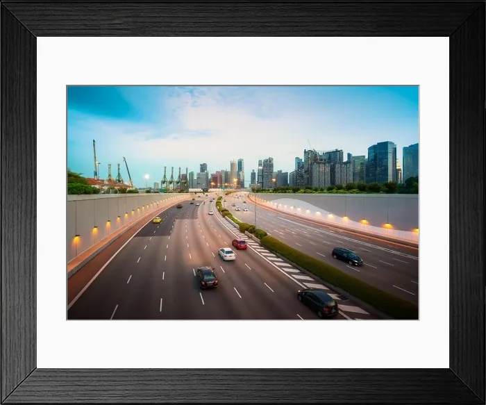 Framed Print : Busy road and city background during rush hour with motion-blurred vehicle, car in Singapore city highway. Singapore tourism, modern city life, or bus