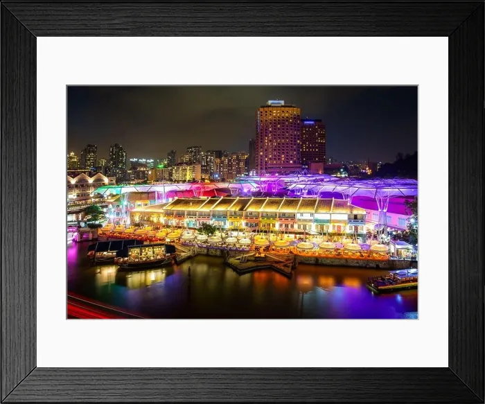 Framed Print : Colorful light building at night in Clarke Quay market with river at Singapore. Asian tourism, modern city life, or business finance and economy conce Framed Print : Colorful light building at night in Clarke Quay market with river at Singapore. Asian tourism, modern city life, or business finance and economy conce