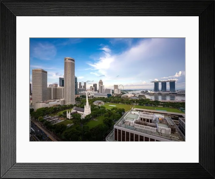 Framed Print : Panorama of Singapore business district skyline and office skyscraper with nice sky cloud in Marina bay, Singapore. Asian tourism, modern city life, o Framed Print : Panorama of Singapore business district skyline and office skyscraper with nice sky cloud in Marina bay, Singapore. Asian tourism, modern city life, o