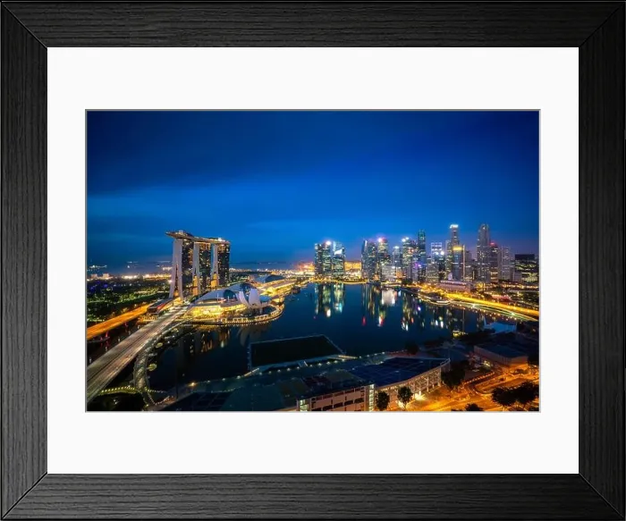 Framed Print : Panorama of Singapore business district skyline and office skyscraper at night in Marina bay, Singapore. Asian tourism, modern city life, or business Framed Print : Panorama of Singapore business district skyline and office skyscraper at night in Marina bay, Singapore. Asian tourism, modern city life, or business
