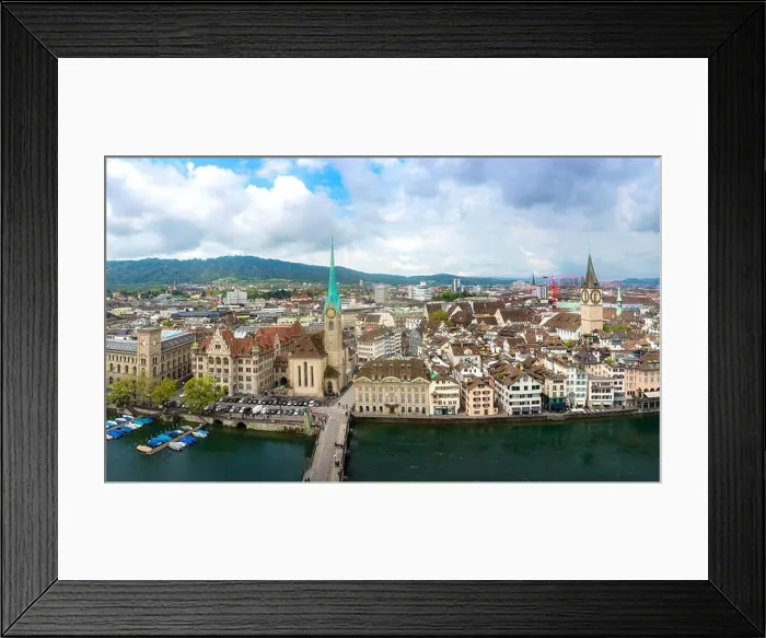 Framed Print : Aerial view of historic Zurich city with Fraumunster Church and river Limmat in Zurich, Switzerland Framed Print : Aerial view of historic Zurich city with Fraumunster Church and river Limmat in Zurich, Switzerland