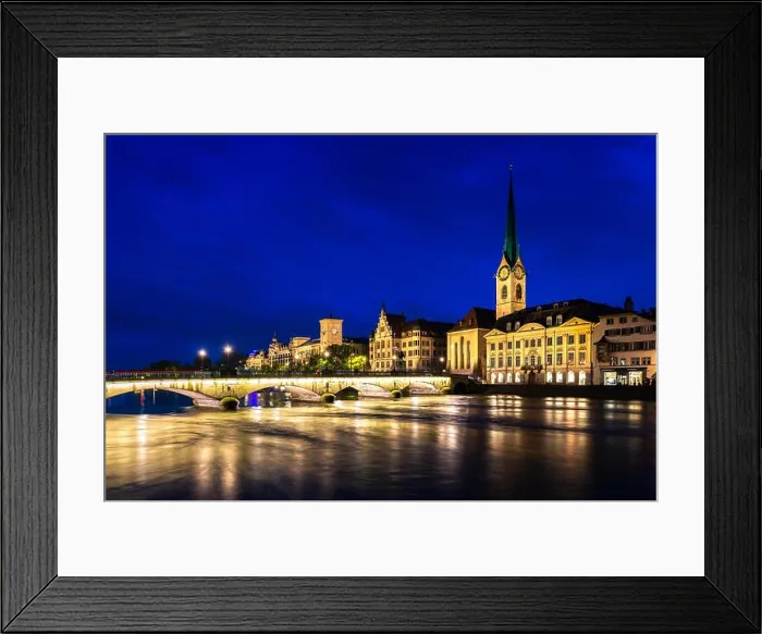 Framed Print : Night view of historic Zurich city center with famous Fraumunster Church and river Limmat in Zurich, Switzerland Framed Print : Night view of historic Zurich city center with famous Fraumunster Church and river Limmat in Zurich, Switzerland