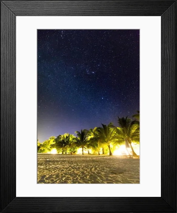 Framed Print : Milky Way on the beach. Tropical travel destination, night photo of stars and palm trees with soft light Framed Print : Milky Way on the beach. Tropical travel destination, night photo of stars and palm trees with soft light