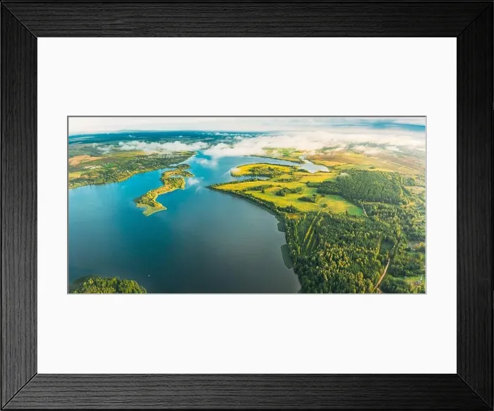 Framed Print : Lyepyel District, Lepel Lake, Beloozerny District, Vitebsk Region. Aerial View Of Residential Area With Houses In Countryside. Morning Fog Above Lepel