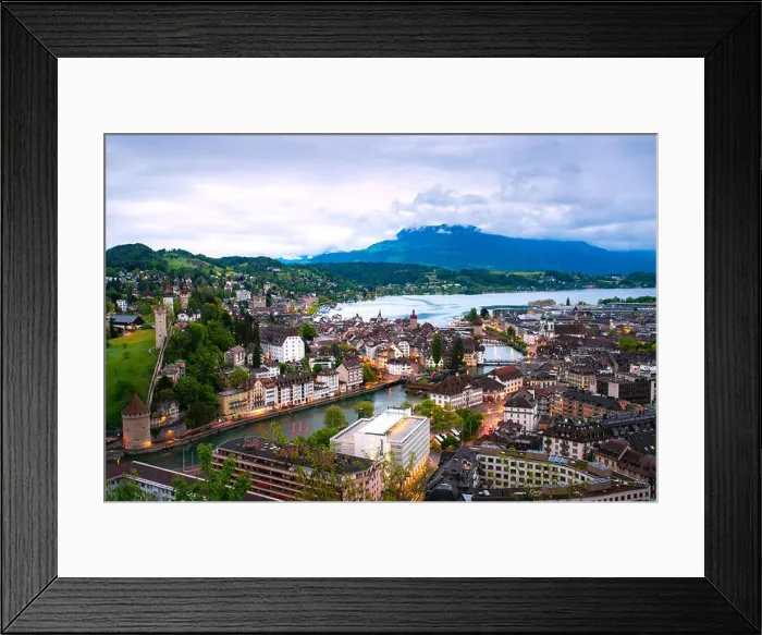 Framed Print : Aerial view of the red tiled roofs of the old town of Lucerne with wooden Chapel bridge in Lucerne, Switzerland