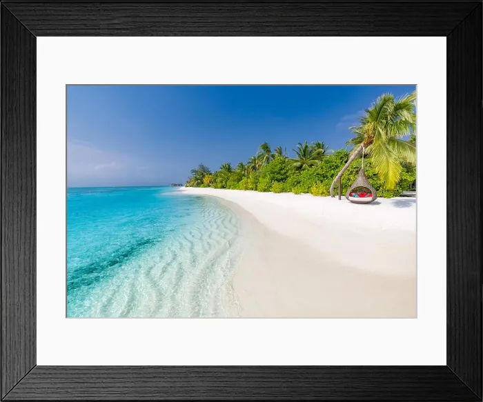 Framed Print : Perfect tropical beach. Romantic hammock or swing on white sand beach and palm trees under blue sky. Inspirational summer vacation and holiday concept Framed Print : Perfect tropical beach. Romantic hammock or swing on white sand beach and palm trees under blue sky. Inspirational summer vacation and holiday concept