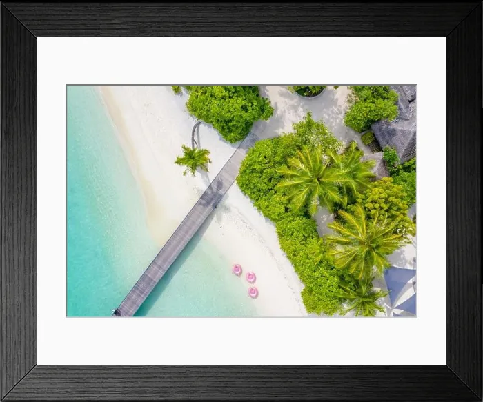 Framed Print : Perfect aerial landscape, luxury tropical resort or hotel with water villas and beautiful beach scenery. Amazing bird eyes view in Maldives, landscape Framed Print : Perfect aerial landscape, luxury tropical resort or hotel with water villas and beautiful beach scenery. Amazing bird eyes view in Maldives, landscape