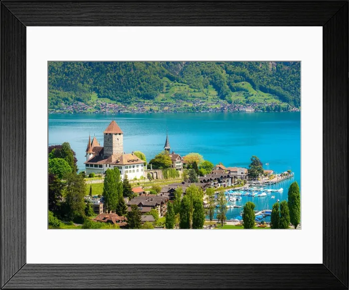 Framed Print : Landscape of Spiez castle on lake Thun in Bern, Switzerland