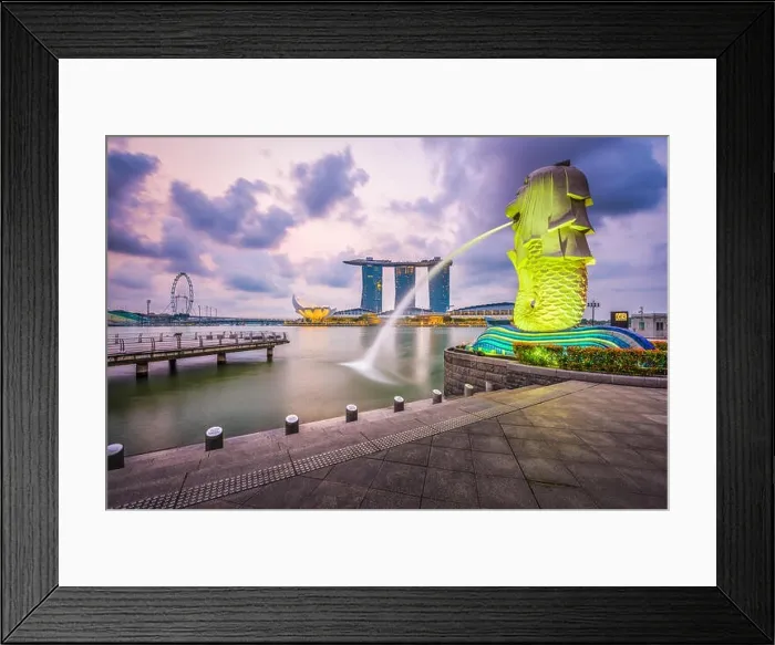 Framed Print : SINGAPORE - SEPTEMBER 6, 2015: The Merlion fountain at Marina Bay. The merlion is a marketing icon used as a mascot and national personification of Si Framed Print : SINGAPORE - SEPTEMBER 6, 2015: The Merlion fountain at Marina Bay. The merlion is a marketing icon used as a mascot and national personification of Si
