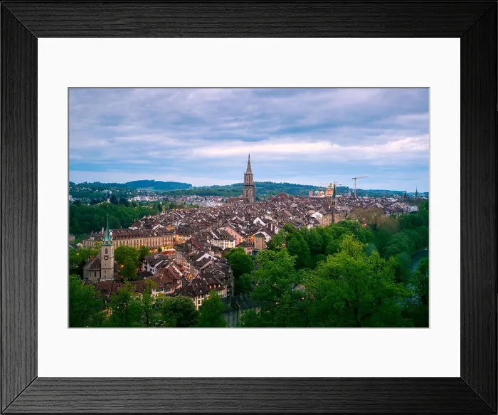 Framed Print : Aerial view of the Bern old town with the Aare river flowing around the town at night in Bern, Switzerland Framed Print : Aerial view of the Bern old town with the Aare river flowing around the town at night in Bern, Switzerland