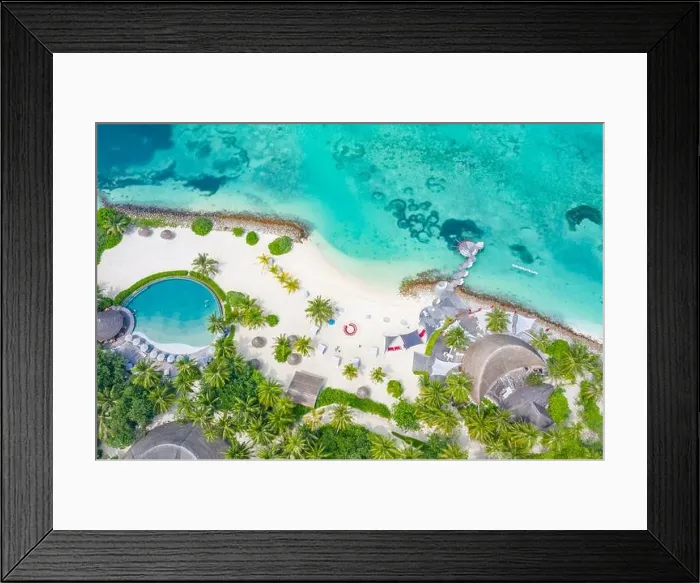 Framed Print : Perfect aerial landscape, luxury tropical resort or hotel with water villas and beautiful beach scenery. Amazing bird eyes view in Maldives, landscape Framed Print : Perfect aerial landscape, luxury tropical resort or hotel with water villas and beautiful beach scenery. Amazing bird eyes view in Maldives, landscape