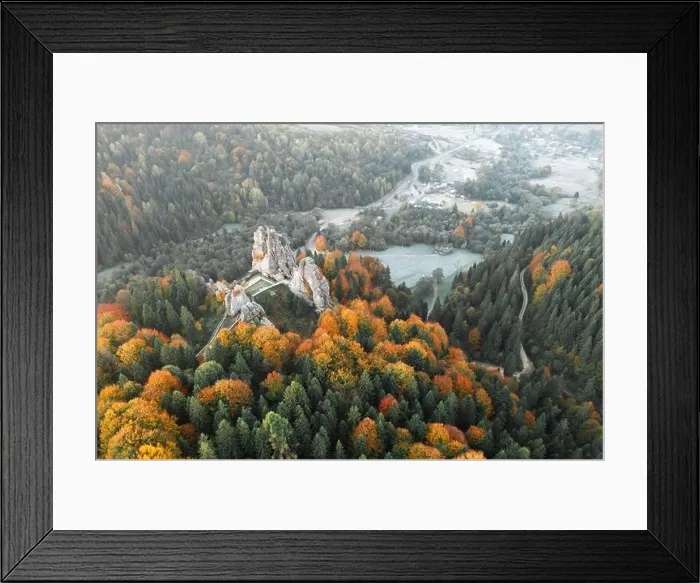 Framed Print : Aerial view from drone to Tustan fortress - archeological and natural monument of national significance in Urych village in autumn time, Ukraine Framed Print : Aerial view from drone to Tustan fortress - archeological and natural monument of national significance in Urych village in autumn time, Ukraine