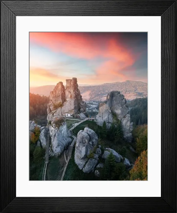 Framed Print : Aerial view from drone to Tustan fortress - archeological and natural monument of national significance in Urych village in autumn time, Ukraine Framed Print : Aerial view from drone to Tustan fortress - archeological and natural monument of national significance in Urych village in autumn time, Ukraine