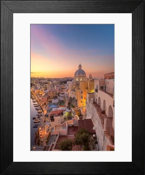 Framed Print : Procida, Italy old town skyline in the Mediterranean Sea during dusk