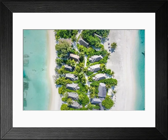 Framed Print : Perfect aerial landscape, luxury tropical resort or hotel with water villas and beautiful beach scenery. Amazing bird eyes view in Maldives, landscape Framed Print : Perfect aerial landscape, luxury tropical resort or hotel with water villas and beautiful beach scenery. Amazing bird eyes view in Maldives, landscape