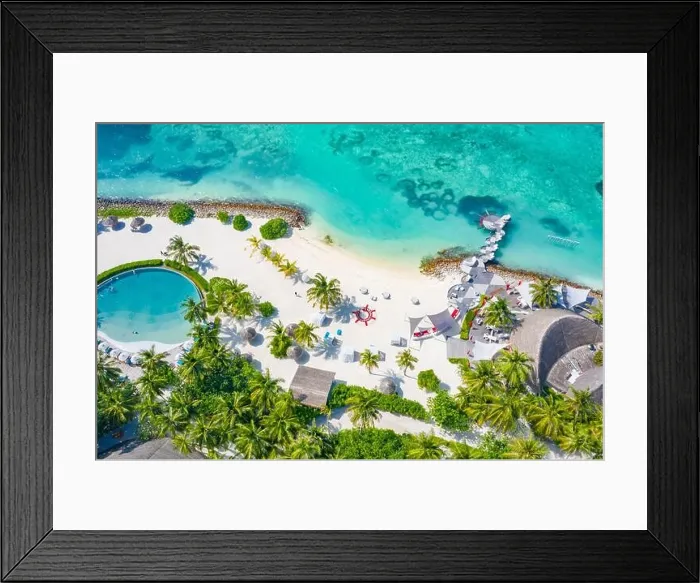Framed Print : Perfect aerial landscape, luxury tropical resort or hotel with water villas and beautiful beach scenery. Amazing bird eyes view in Maldives, landscape Framed Print : Perfect aerial landscape, luxury tropical resort or hotel with water villas and beautiful beach scenery. Amazing bird eyes view in Maldives, landscape