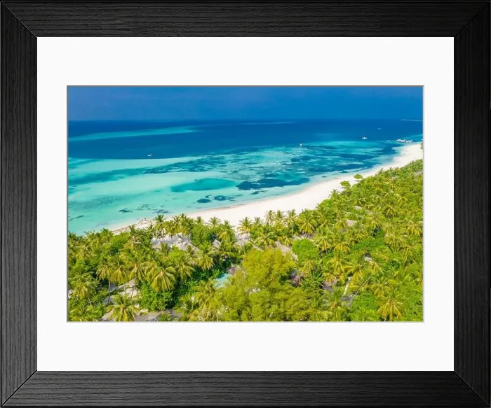 Framed Print : Perfect aerial landscape, luxury tropical resort or hotel with water villas and beautiful beach scenery. Amazing bird eyes view in Maldives, landscape