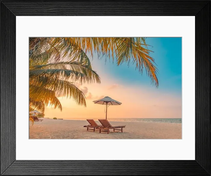 Framed Print : Beautiful Maldives island, sunset beach landscape. Luxury resort chairs and umbrella for summer vacation and holiday background. Exotic tropical beach Framed Print : Beautiful Maldives island, sunset beach landscape. Luxury resort chairs and umbrella for summer vacation and holiday background. Exotic tropical beach