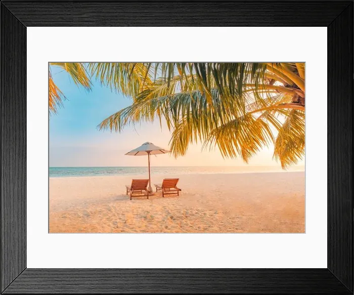Framed Print : Beautiful Maldives island, sunset beach landscape. Luxury resort chairs and umbrella for summer vacation and holiday background. Exotic tropical beach Framed Print : Beautiful Maldives island, sunset beach landscape. Luxury resort chairs and umbrella for summer vacation and holiday background. Exotic tropical beach