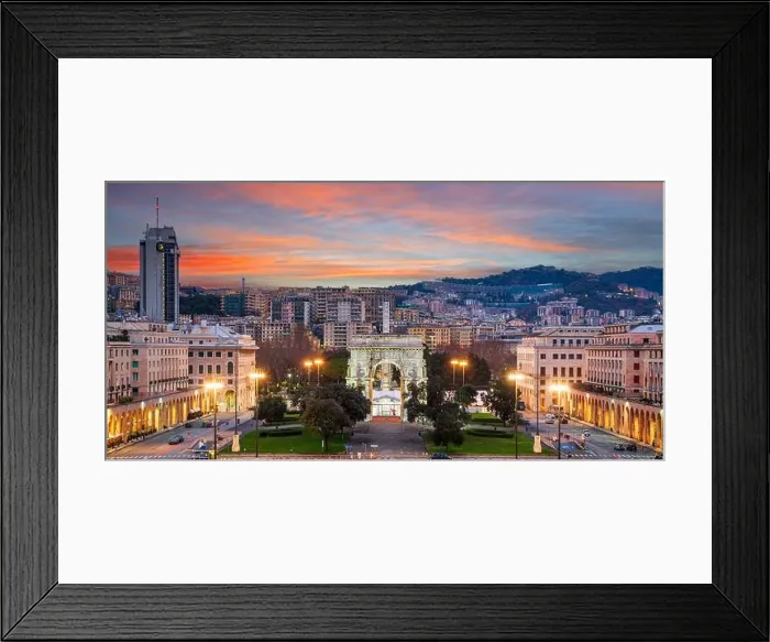 Framed Print : Genoa, Italy park and triumphal arch amongst the cityscape at dawn Framed Print : Genoa, Italy park and triumphal arch amongst the cityscape at dawn