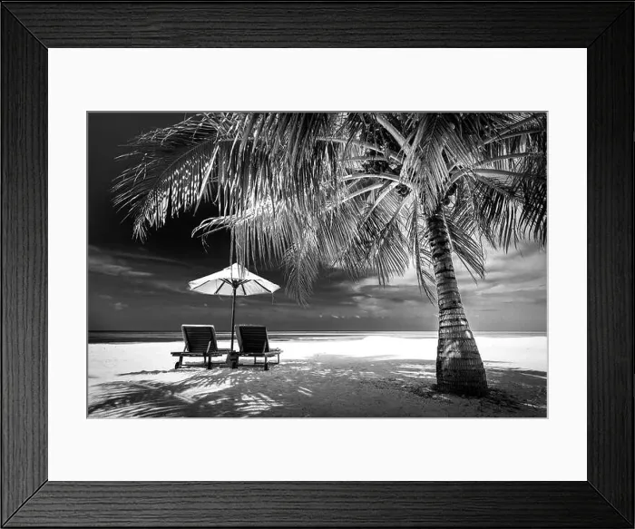 Framed Print : Dramatic landscape of paradise tropical island beach with perfect sunny sky, artistic black and white process