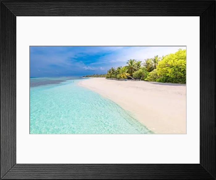 Framed Print : Beautiful tropical beach landscape banner. White sand and coco palms wide panorama background concept. Amazing beach scene use for summer vacation Framed Print : Beautiful tropical beach landscape banner. White sand and coco palms wide panorama background concept. Amazing beach scene use for summer vacation