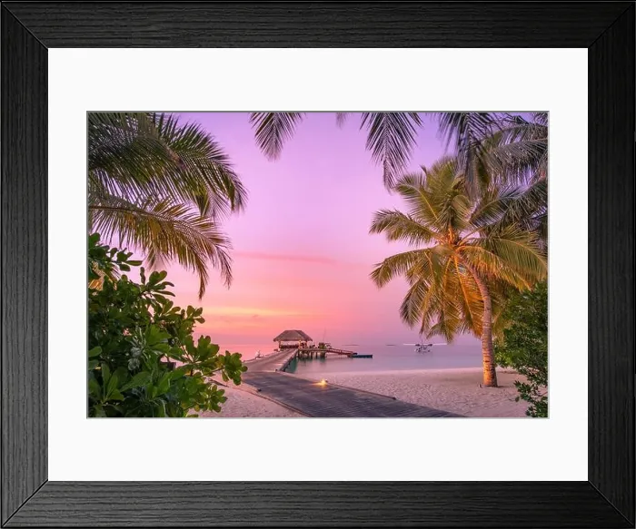 Framed Print : Beautiful sunset beach scene. Wooden jetty colorful sky and clouds view with calm sea and relaxing tropical mood. Exotic tropical landscape nature