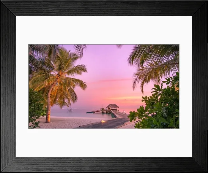 Framed Print : Beautiful sunset beach scene. Wooden jetty colorful sky and clouds view with calm sea and relaxing tropical mood. Exotic tropical landscape nature Framed Print : Beautiful sunset beach scene. Wooden jetty colorful sky and clouds view with calm sea and relaxing tropical mood. Exotic tropical landscape nature