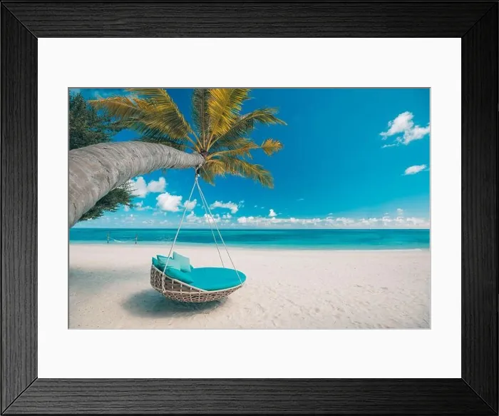 Framed Print : Tropical beach background as summer landscape with beach swing or hammock and white sand and calm sea for beach banner. Perfect beach scene vacation Framed Print : Tropical beach background as summer landscape with beach swing or hammock and white sand and calm sea for beach banner. Perfect beach scene vacation
