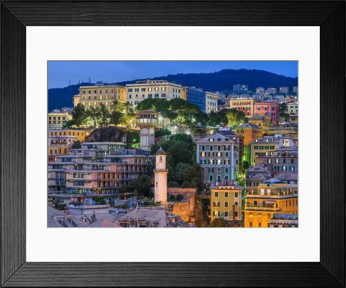 Framed Print : Genova, Italy city skyline view towards the historic belvedere castelletto at twilight Framed Print : Genova, Italy city skyline view towards the historic belvedere castelletto at twilight