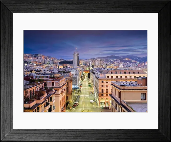 Framed Print : Genoa, Italy cityscape at dusk over Brigata Liguria Street Framed Print : Genoa, Italy cityscape at dusk over Brigata Liguria Street
