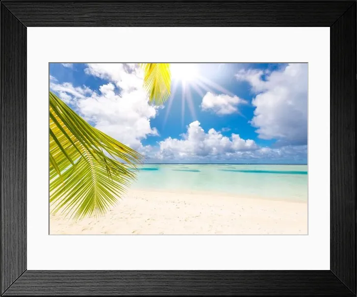 Framed Print : Luxury on beach. Amazing seascape, palm leaves under blue sky with sun rays. Tropical landscape, shore, coast. Idyllic island resort vacation holiday Framed Print : Luxury on beach. Amazing seascape, palm leaves under blue sky with sun rays. Tropical landscape, shore, coast. Idyllic island resort vacation holiday