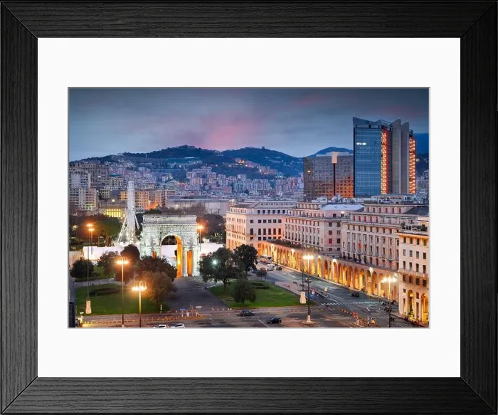 Framed Print : Genoa, Italy with Piazza della Vittoria at twilight Framed Print : Genoa, Italy with Piazza della Vittoria at twilight