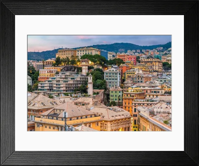 Framed Print : Genova, Italy city skyline view towards the historic belvedere castelletto at twilight Framed Print : Genova, Italy city skyline view towards the historic belvedere castelletto at twilight