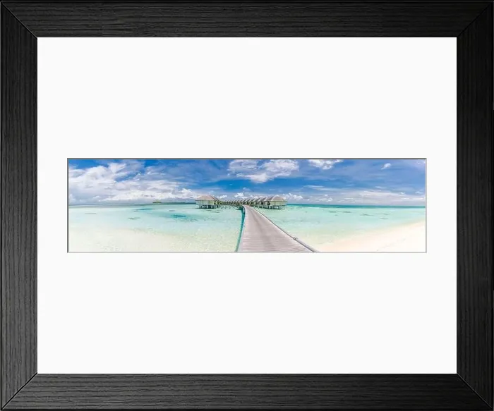 Framed Print : Exotic sea ocean coast, beach. Paradise island, summer landscape seascape beach background. Luxury travel vacation, over water villas, bungalows jetty Framed Print : Exotic sea ocean coast, beach. Paradise island, summer landscape seascape beach background. Luxury travel vacation, over water villas, bungalows jetty