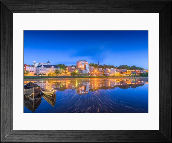 Framed Print : Augusta, Maine, USA town skyline on the Kennebec River at dusk