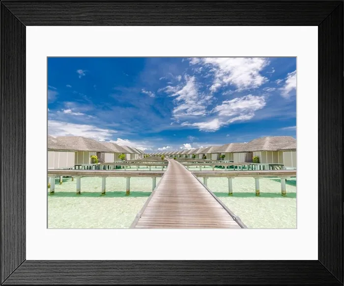 Framed Print : Exotic sea ocean coast, beach. Paradise island, summer landscape seascape beach background. Luxury travel vacation, over water villas, bungalows jetty Framed Print : Exotic sea ocean coast, beach. Paradise island, summer landscape seascape beach background. Luxury travel vacation, over water villas, bungalows jetty