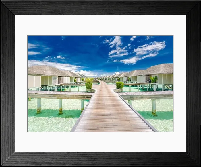 Framed Print : Exotic sea ocean coast, beach. Paradise island, summer landscape seascape beach background. Luxury travel vacation, over water villas, bungalows jetty Framed Print : Exotic sea ocean coast, beach. Paradise island, summer landscape seascape beach background. Luxury travel vacation, over water villas, bungalows jetty
