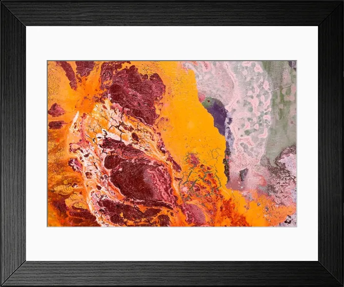 Framed Print : Abstract painting. Orange flower on blue background