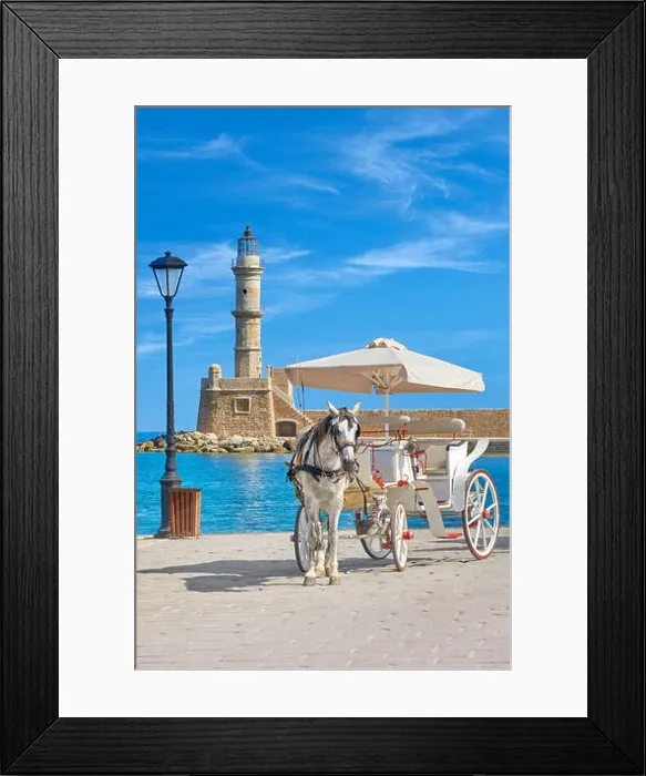 Framed Print : Carriage with horse on the Venetian Harbour, lighthouse in the background, Chania, Crete Island, Greece Framed Print : Carriage with horse on the Venetian Harbour, lighthouse in the background, Chania, Crete Island, Greece